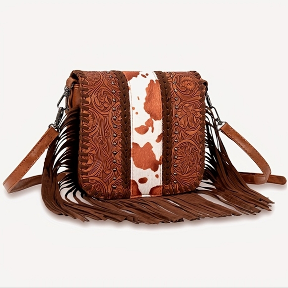 boutique Handbags - NEW! Brown Animal Print Boho White Cowgirl Fringe Leather Gift Crossbody Bag